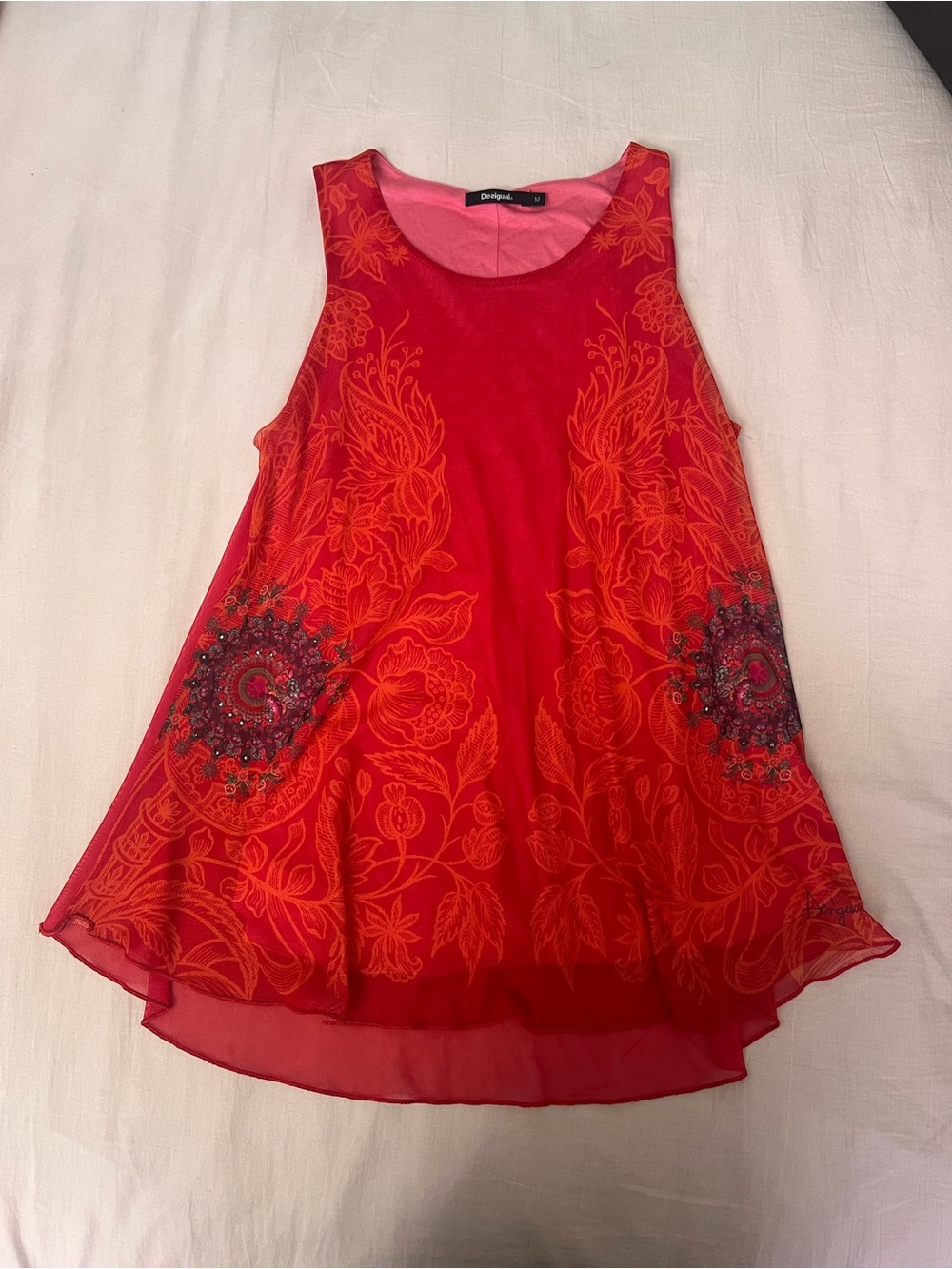 Desigual Red and Orange Embellished Floral Sleeveless Tunic